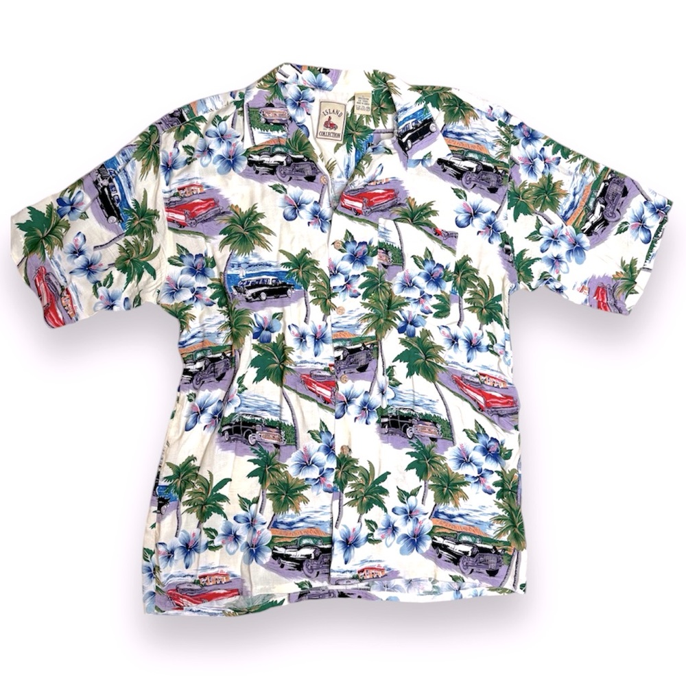 Vintage Island Collection Hawaii Floral Car short sleeve men shirt